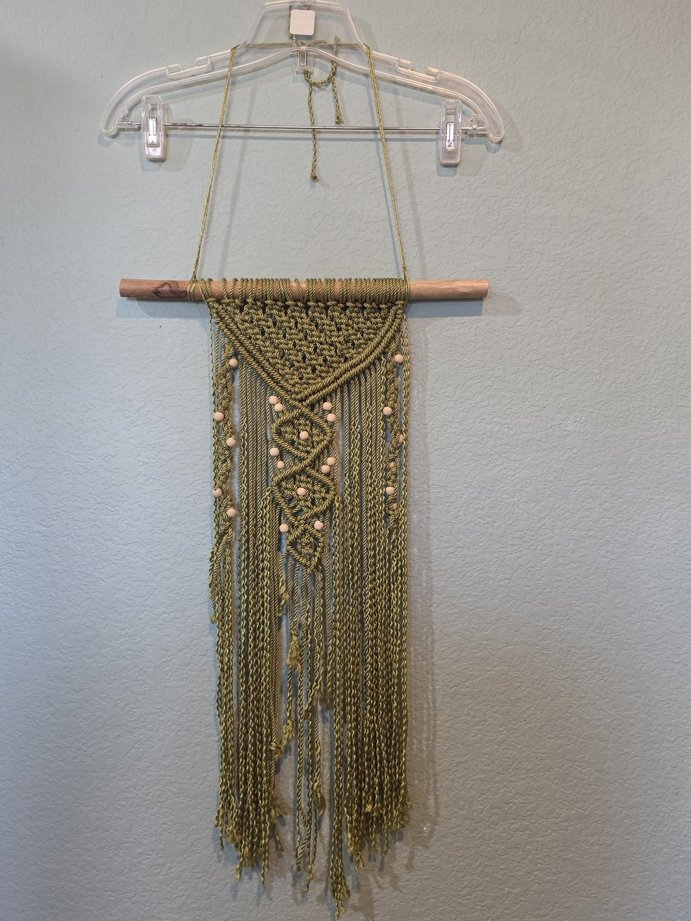 Vtg Mcm Macrame Long Wall Hanging Boho Fiber Art Avocado Green Woven Tapestry